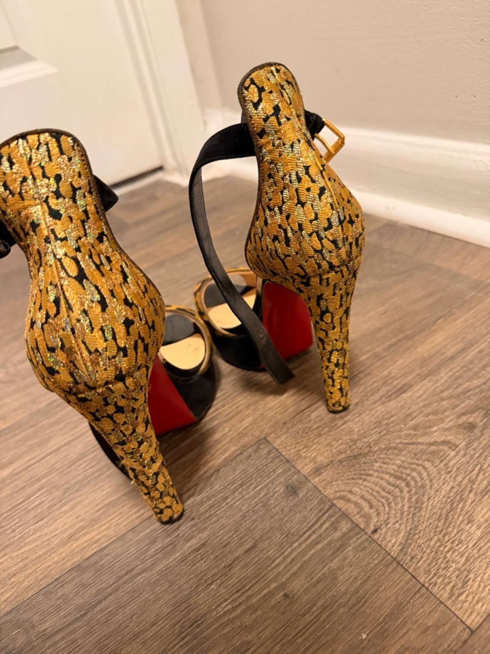 Christian Louboutin Gold and Black Leopard-Print High Heels - Picture 8 of 9